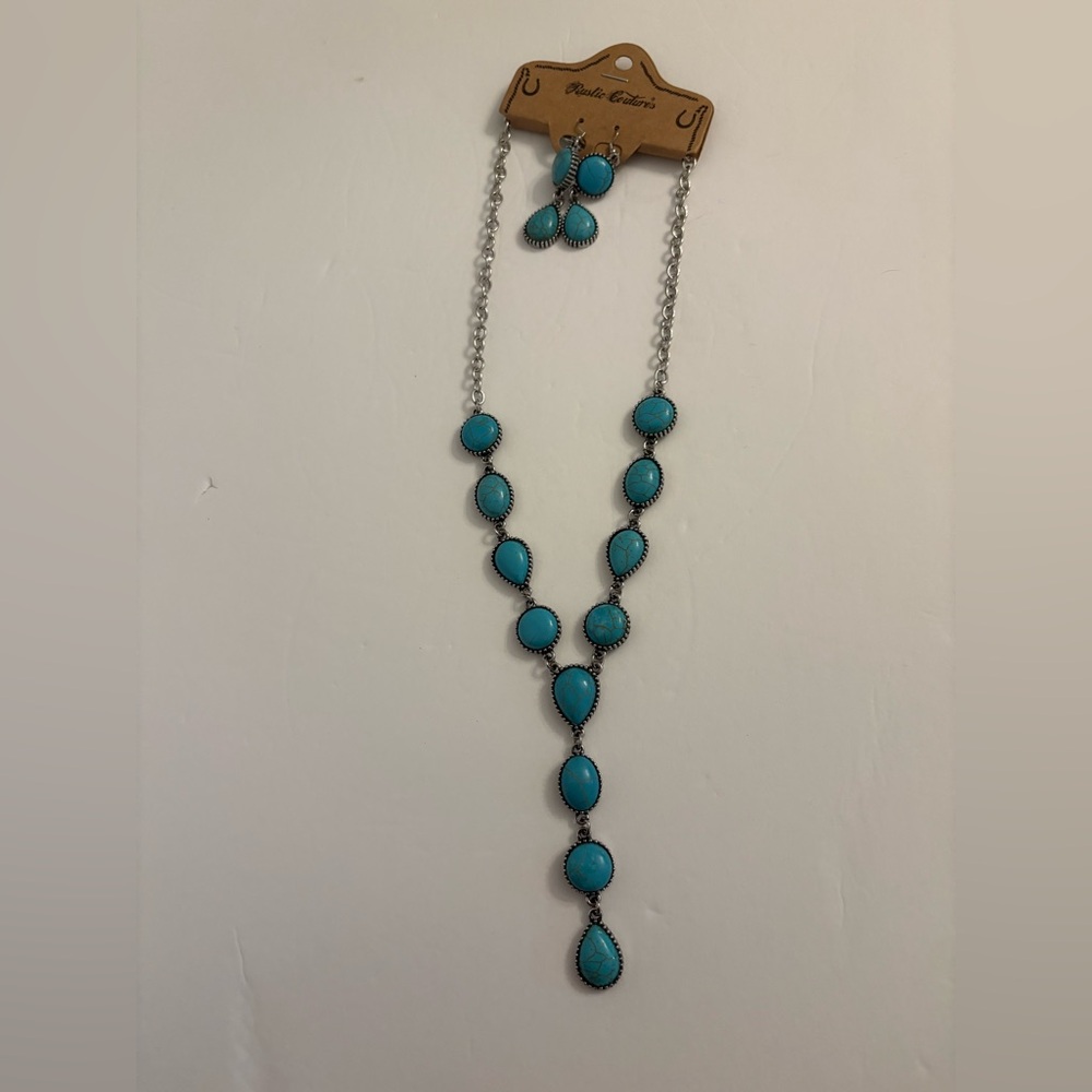 90’s Rustic Couture Silver Turquoise Blue Y Drop Necklace Earrings Set New OS